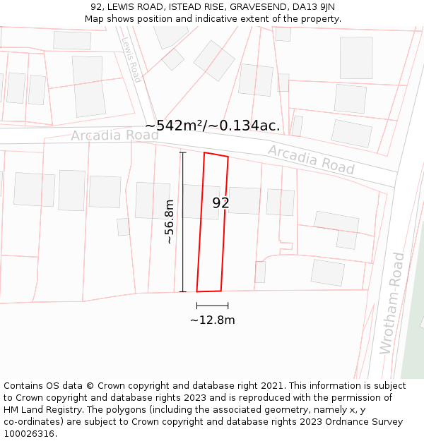 92, LEWIS ROAD, ISTEAD RISE, GRAVESEND, DA13 9JN: Plot and title map