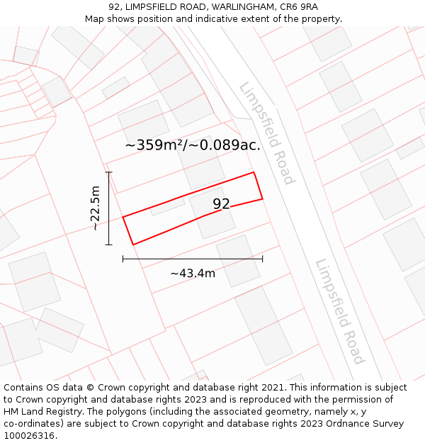 92, LIMPSFIELD ROAD, WARLINGHAM, CR6 9RA: Plot and title map