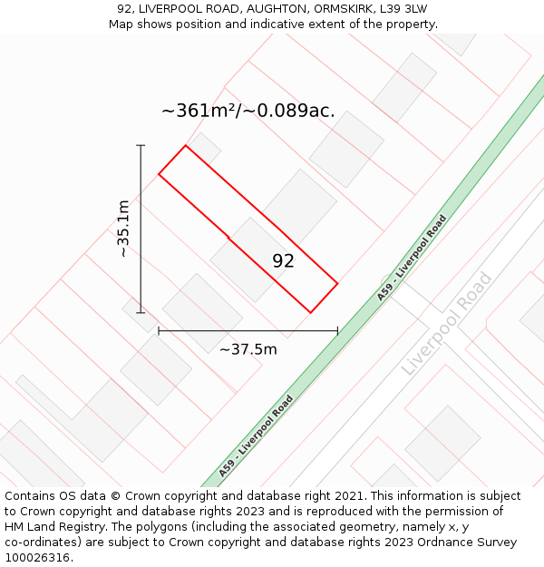 92, LIVERPOOL ROAD, AUGHTON, ORMSKIRK, L39 3LW: Plot and title map