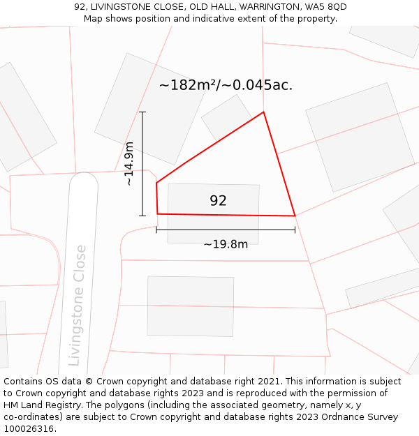 92, LIVINGSTONE CLOSE, OLD HALL, WARRINGTON, WA5 8QD: Plot and title map