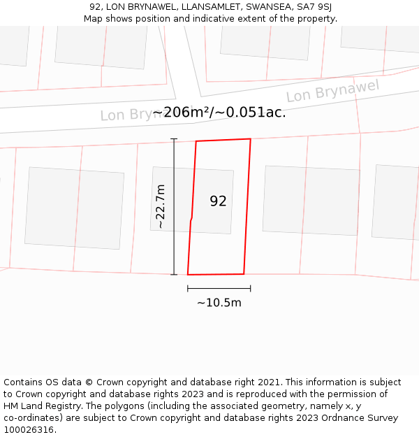 92, LON BRYNAWEL, LLANSAMLET, SWANSEA, SA7 9SJ: Plot and title map