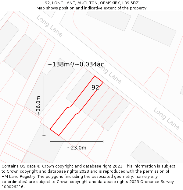 92, LONG LANE, AUGHTON, ORMSKIRK, L39 5BZ: Plot and title map