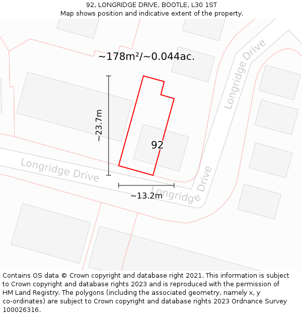 92, LONGRIDGE DRIVE, BOOTLE, L30 1ST: Plot and title map