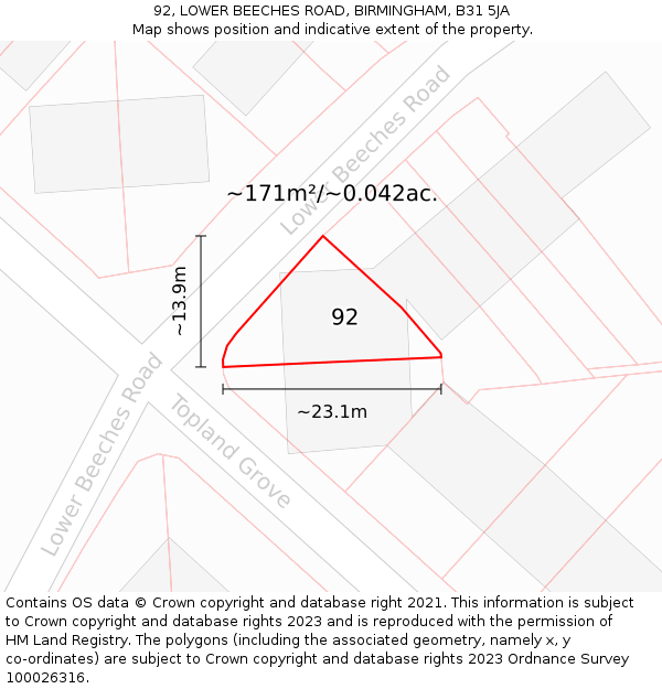 92, LOWER BEECHES ROAD, BIRMINGHAM, B31 5JA: Plot and title map