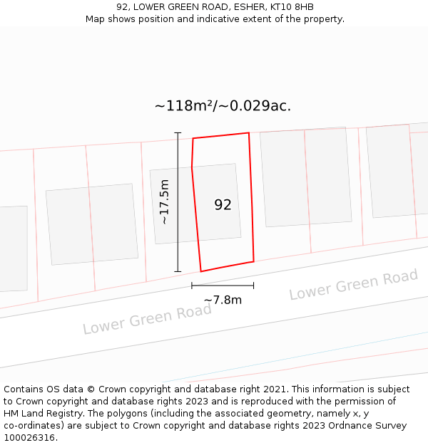 92, LOWER GREEN ROAD, ESHER, KT10 8HB: Plot and title map