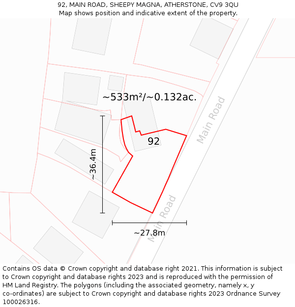 92, MAIN ROAD, SHEEPY MAGNA, ATHERSTONE, CV9 3QU: Plot and title map