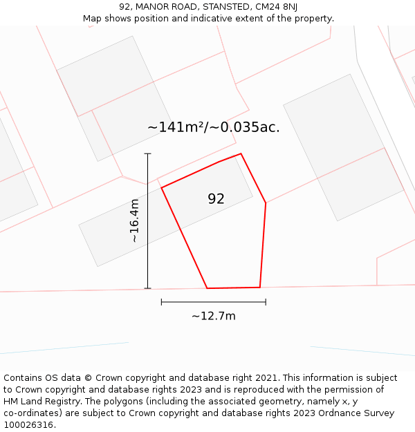 92, MANOR ROAD, STANSTED, CM24 8NJ: Plot and title map