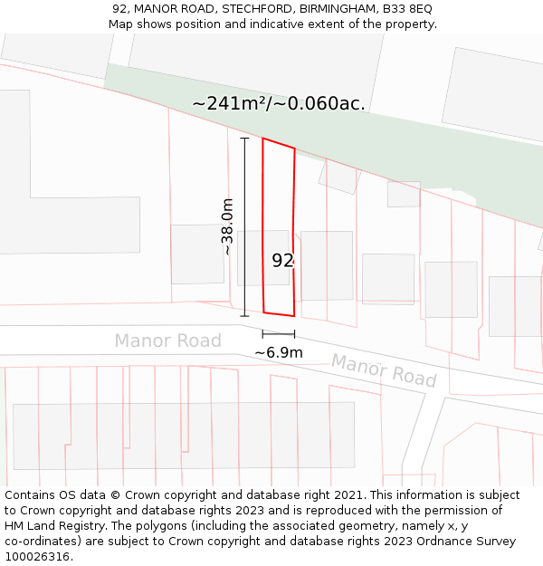 92, MANOR ROAD, STECHFORD, BIRMINGHAM, B33 8EQ: Plot and title map