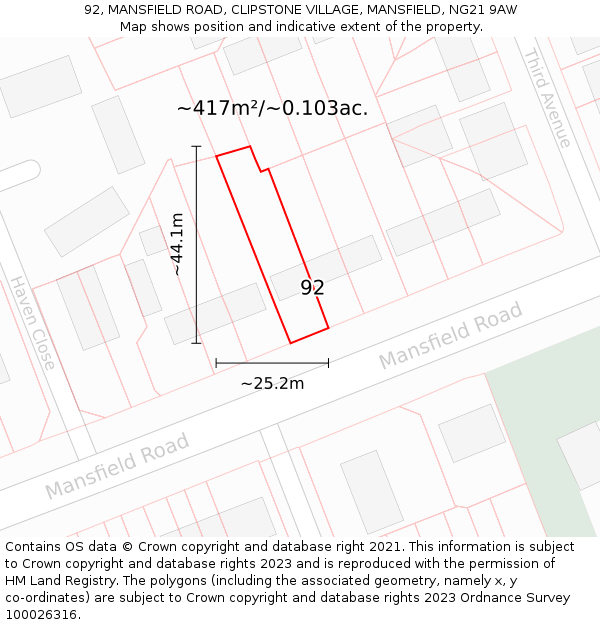 92, MANSFIELD ROAD, CLIPSTONE VILLAGE, MANSFIELD, NG21 9AW: Plot and title map