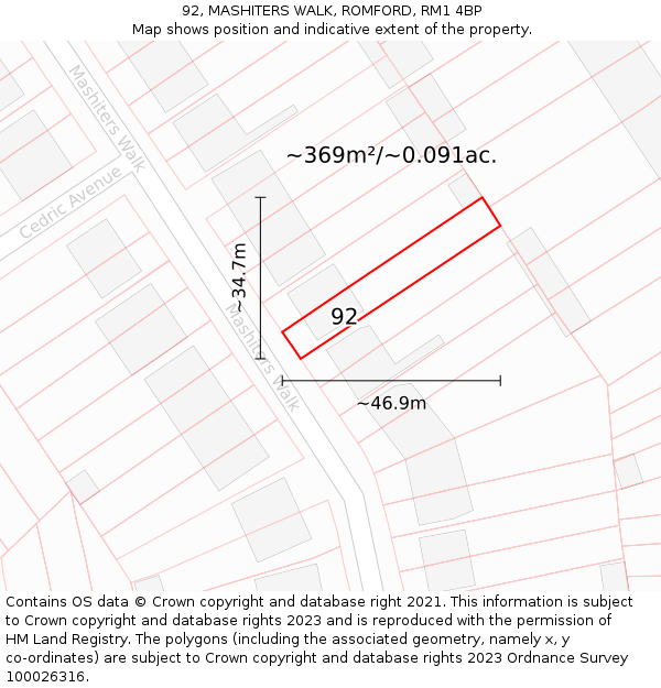 92, MASHITERS WALK, ROMFORD, RM1 4BP: Plot and title map