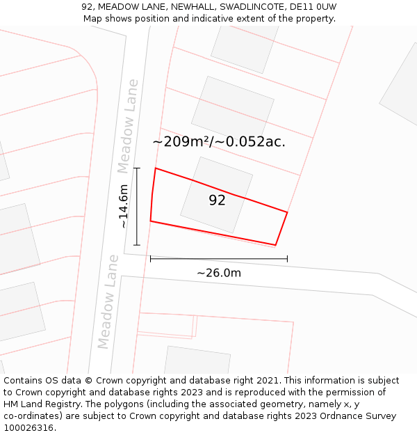 92, MEADOW LANE, NEWHALL, SWADLINCOTE, DE11 0UW: Plot and title map