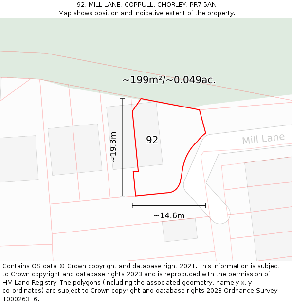 92, MILL LANE, COPPULL, CHORLEY, PR7 5AN: Plot and title map