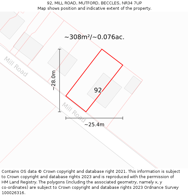 92, MILL ROAD, MUTFORD, BECCLES, NR34 7UP: Plot and title map