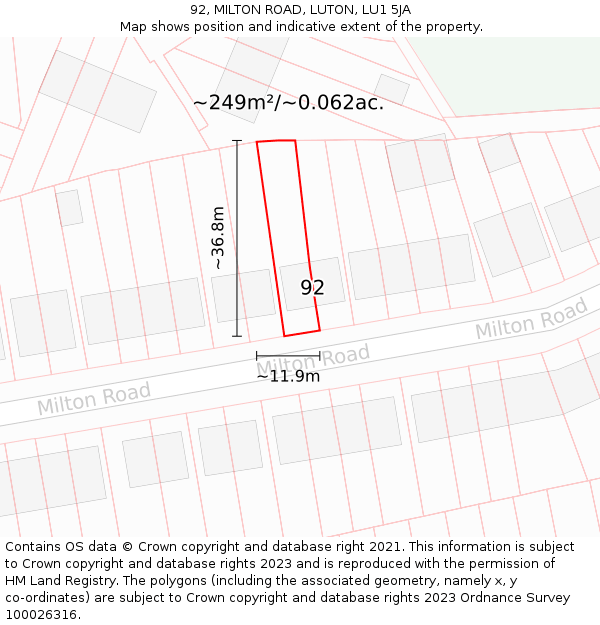 92, MILTON ROAD, LUTON, LU1 5JA: Plot and title map