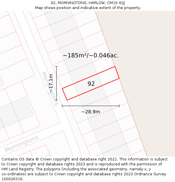 92, MORNINGTONS, HARLOW, CM19 4QJ: Plot and title map