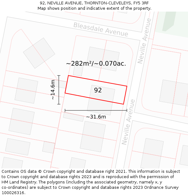 92, NEVILLE AVENUE, THORNTON-CLEVELEYS, FY5 3RF: Plot and title map