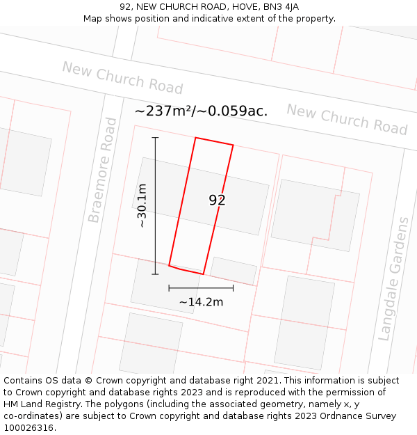 92, NEW CHURCH ROAD, HOVE, BN3 4JA: Plot and title map