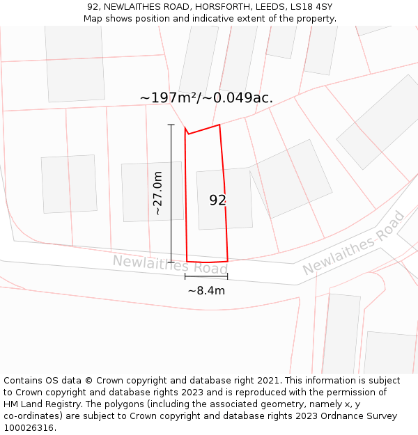 92, NEWLAITHES ROAD, HORSFORTH, LEEDS, LS18 4SY: Plot and title map