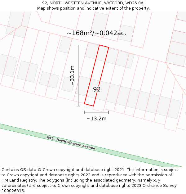 92, NORTH WESTERN AVENUE, WATFORD, WD25 0AJ: Plot and title map