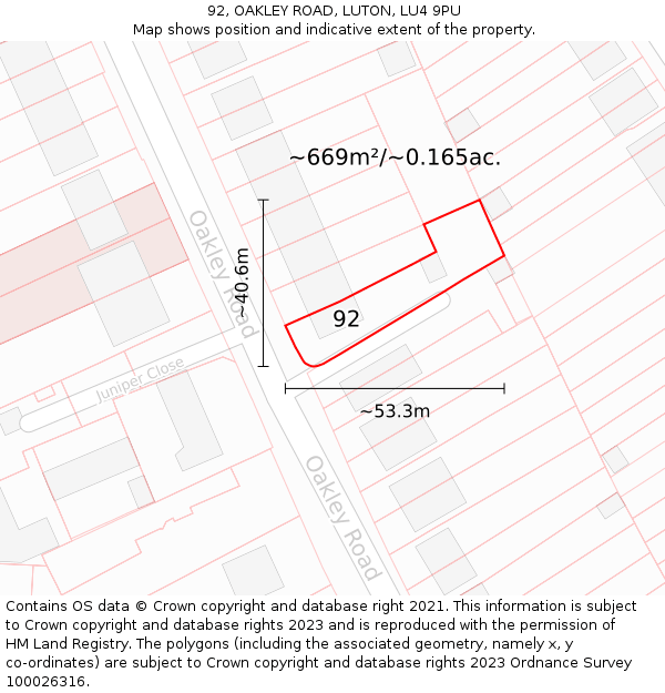 92, OAKLEY ROAD, LUTON, LU4 9PU: Plot and title map