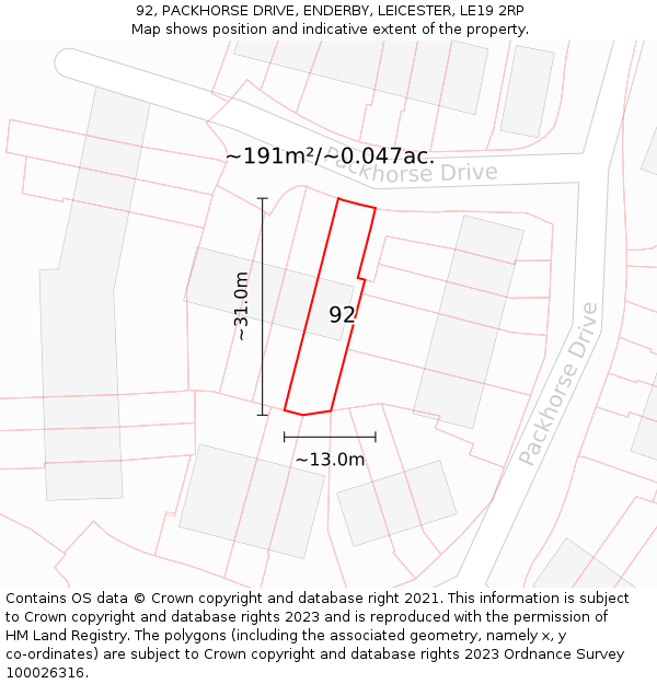 92, PACKHORSE DRIVE, ENDERBY, LEICESTER, LE19 2RP: Plot and title map