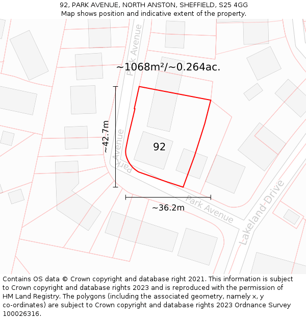 92, PARK AVENUE, NORTH ANSTON, SHEFFIELD, S25 4GG: Plot and title map