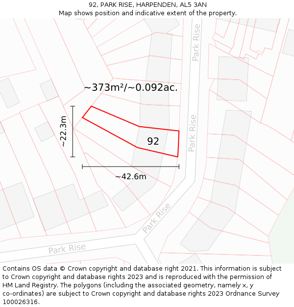 92, PARK RISE, HARPENDEN, AL5 3AN: Plot and title map