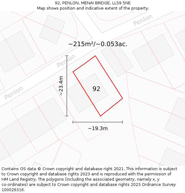 92, PENLON, MENAI BRIDGE, LL59 5NE: Plot and title map