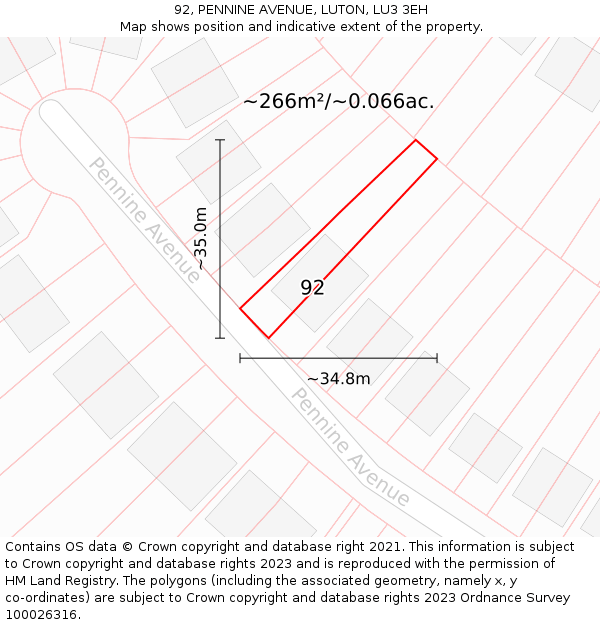 92, PENNINE AVENUE, LUTON, LU3 3EH: Plot and title map