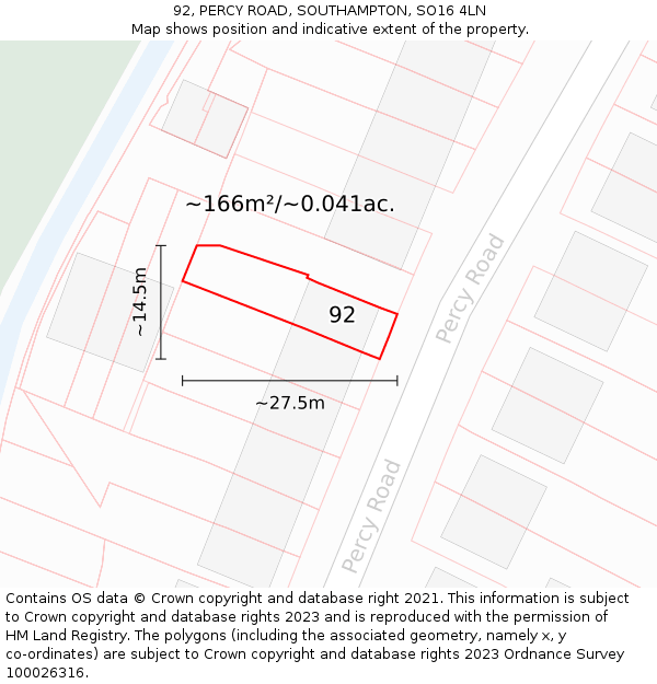 92, PERCY ROAD, SOUTHAMPTON, SO16 4LN: Plot and title map