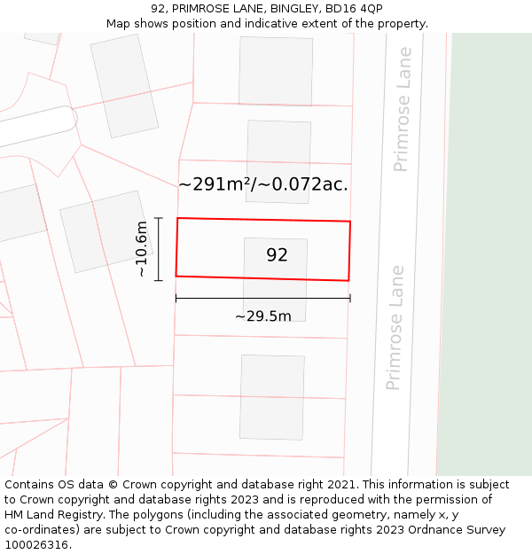 92, PRIMROSE LANE, BINGLEY, BD16 4QP: Plot and title map