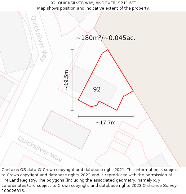 92, QUICKSILVER WAY, ANDOVER, SP11 6TT: Plot and title map