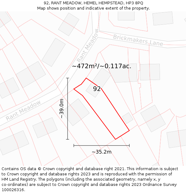 92, RANT MEADOW, HEMEL HEMPSTEAD, HP3 8PQ: Plot and title map