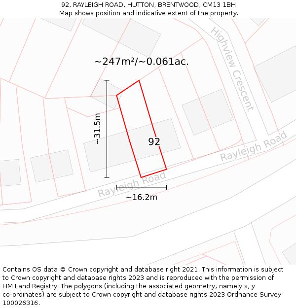 92, RAYLEIGH ROAD, HUTTON, BRENTWOOD, CM13 1BH: Plot and title map