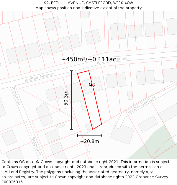 92, REDHILL AVENUE, CASTLEFORD, WF10 4QW: Plot and title map