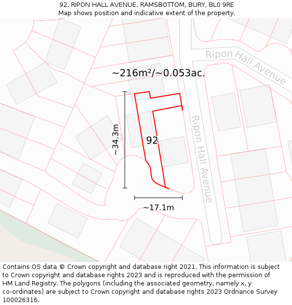 92, RIPON HALL AVENUE, RAMSBOTTOM, BURY, BL0 9RE: Plot and title map