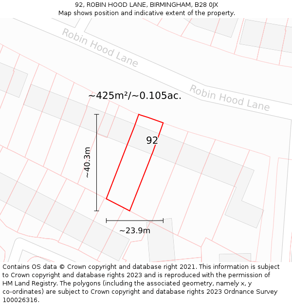 92, ROBIN HOOD LANE, BIRMINGHAM, B28 0JX: Plot and title map