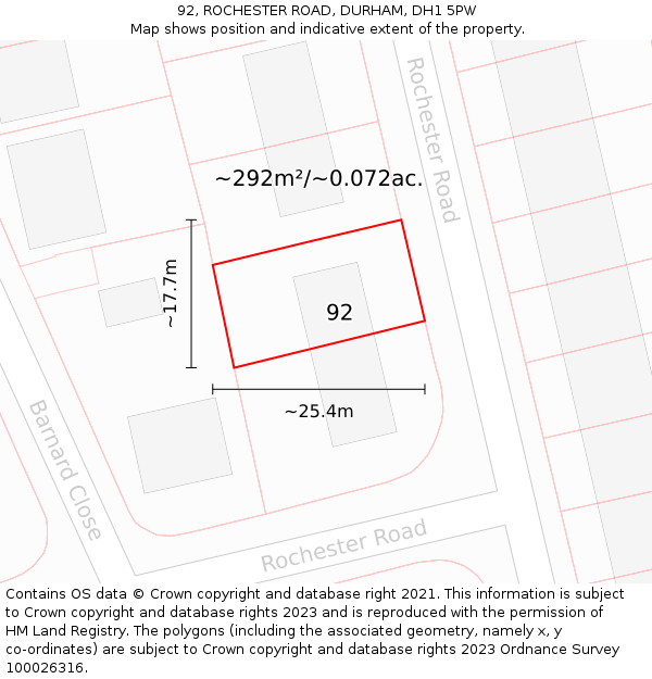 92, ROCHESTER ROAD, DURHAM, DH1 5PW: Plot and title map