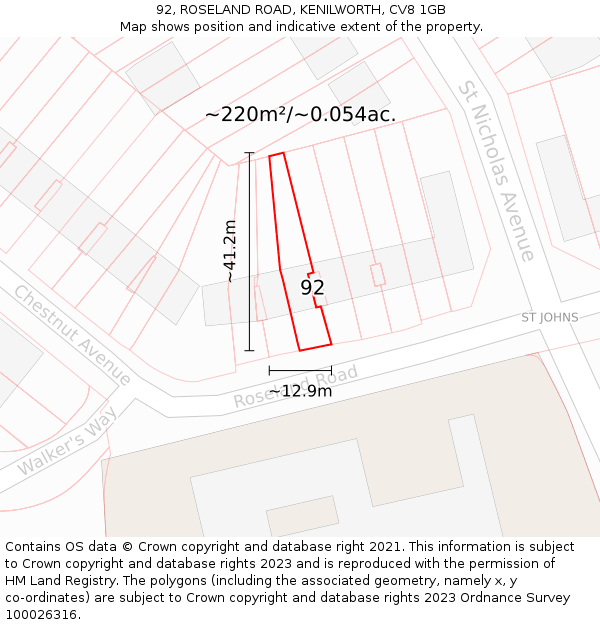 92, ROSELAND ROAD, KENILWORTH, CV8 1GB: Plot and title map