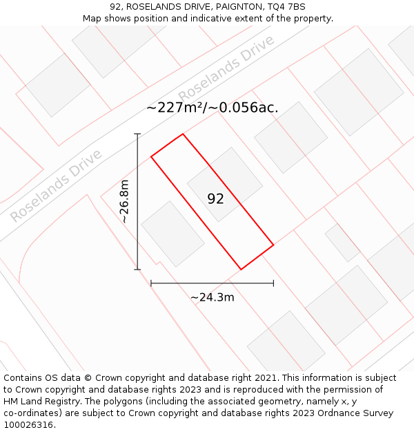 92, ROSELANDS DRIVE, PAIGNTON, TQ4 7BS: Plot and title map