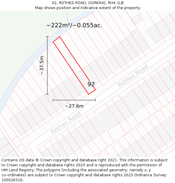 92, ROTHES ROAD, DORKING, RH4 1LB: Plot and title map