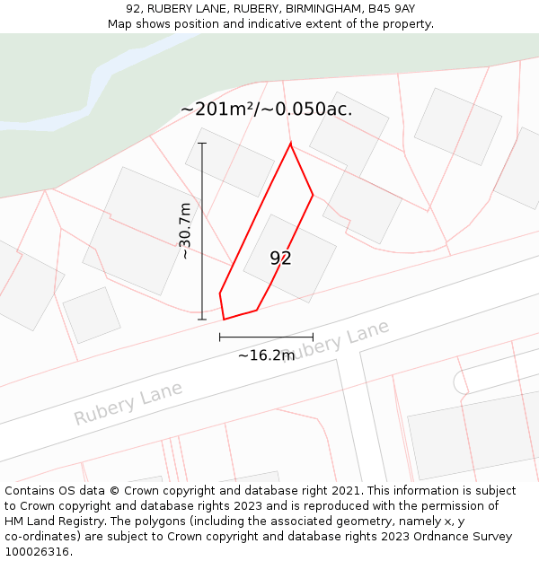 92, RUBERY LANE, RUBERY, BIRMINGHAM, B45 9AY: Plot and title map