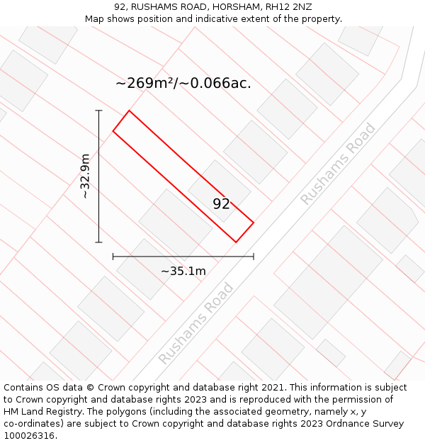 92, RUSHAMS ROAD, HORSHAM, RH12 2NZ: Plot and title map