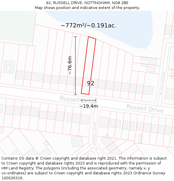92, RUSSELL DRIVE, NOTTINGHAM, NG8 2BE: Plot and title map