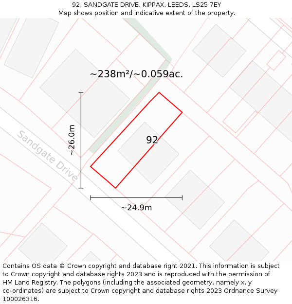 92, SANDGATE DRIVE, KIPPAX, LEEDS, LS25 7EY: Plot and title map