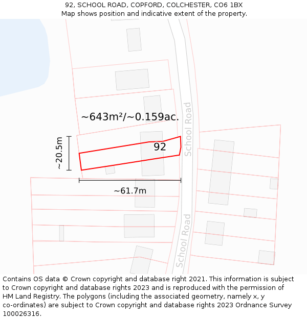 92, SCHOOL ROAD, COPFORD, COLCHESTER, CO6 1BX: Plot and title map