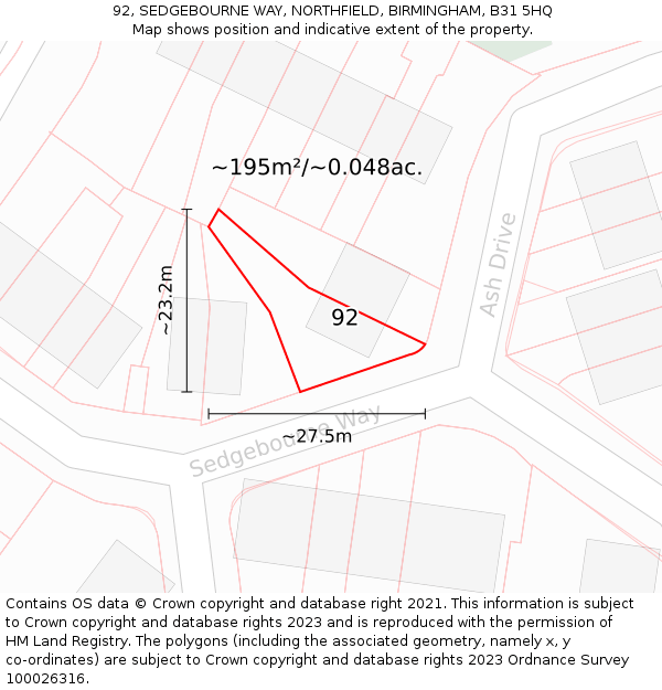 92, SEDGEBOURNE WAY, NORTHFIELD, BIRMINGHAM, B31 5HQ: Plot and title map