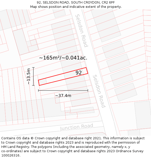 92, SELSDON ROAD, SOUTH CROYDON, CR2 6PF: Plot and title map