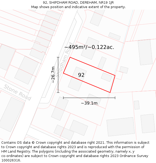 92, SHIPDHAM ROAD, DEREHAM, NR19 1JR: Plot and title map