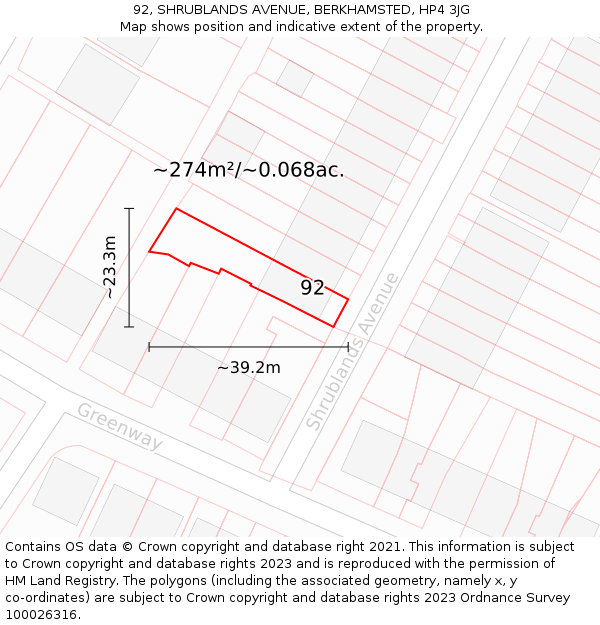 92, SHRUBLANDS AVENUE, BERKHAMSTED, HP4 3JG: Plot and title map